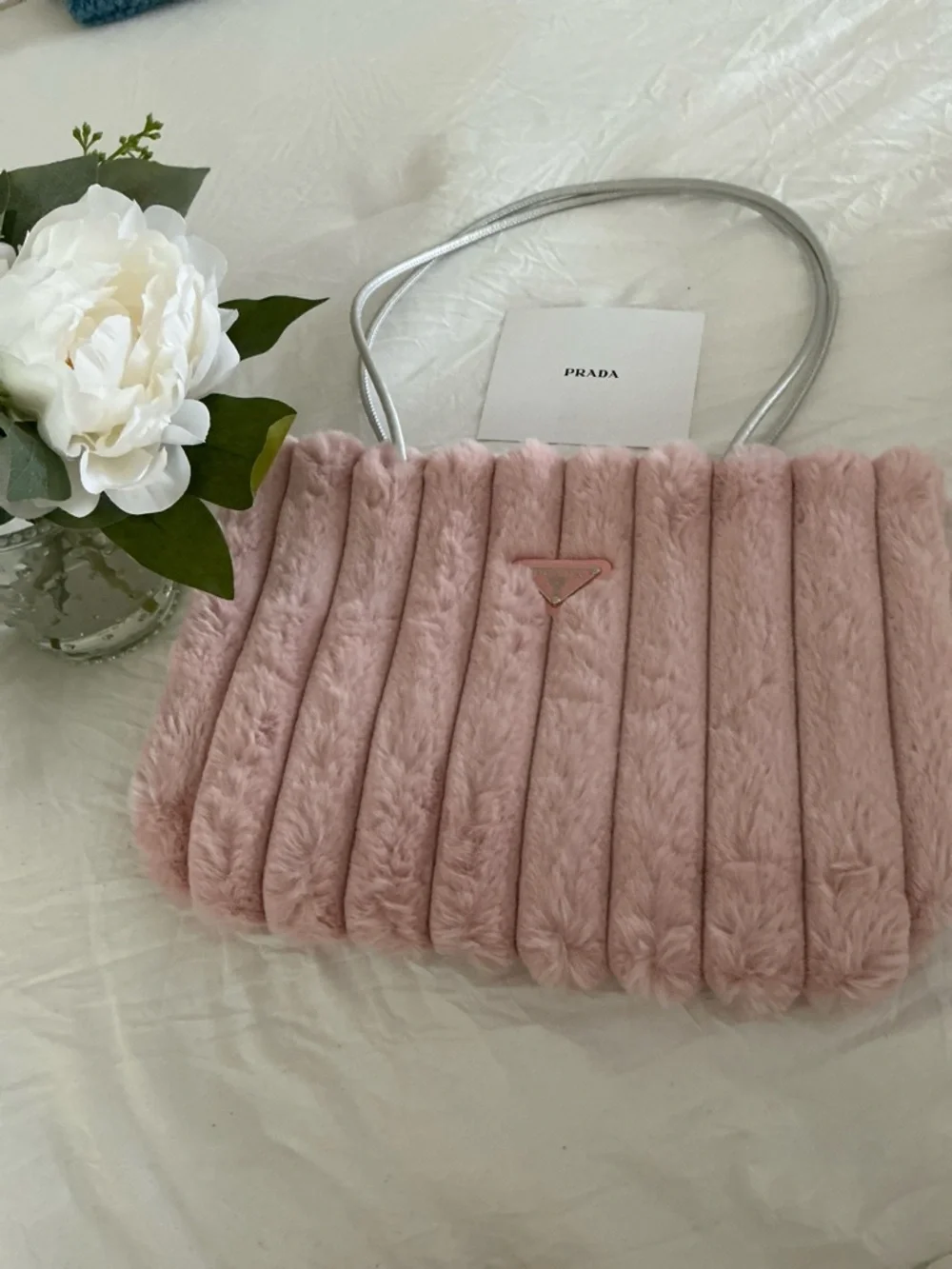 PRADA NWT  Blush Pink Faux Fur Shoulder Bag with Silver Strap with Insert - Picture 2 of 7